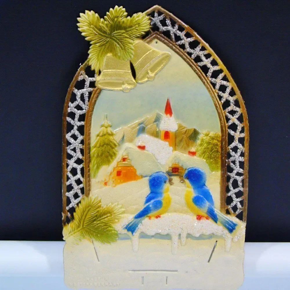 Vintage Merry Christmas Happy New Year German Alps Die Cut Embossed Sign Wall